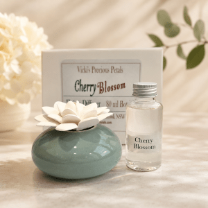 Cherry Blossom ceramic flower diffuser gift set featuring a handcrafted sola flower diffuser and premium home fragrance from Vicki's Precious Petals in Muswellbrook NSW.