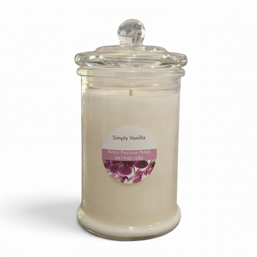 Simply Vanilla soy candle handmade by Vicki’s Precious Petals