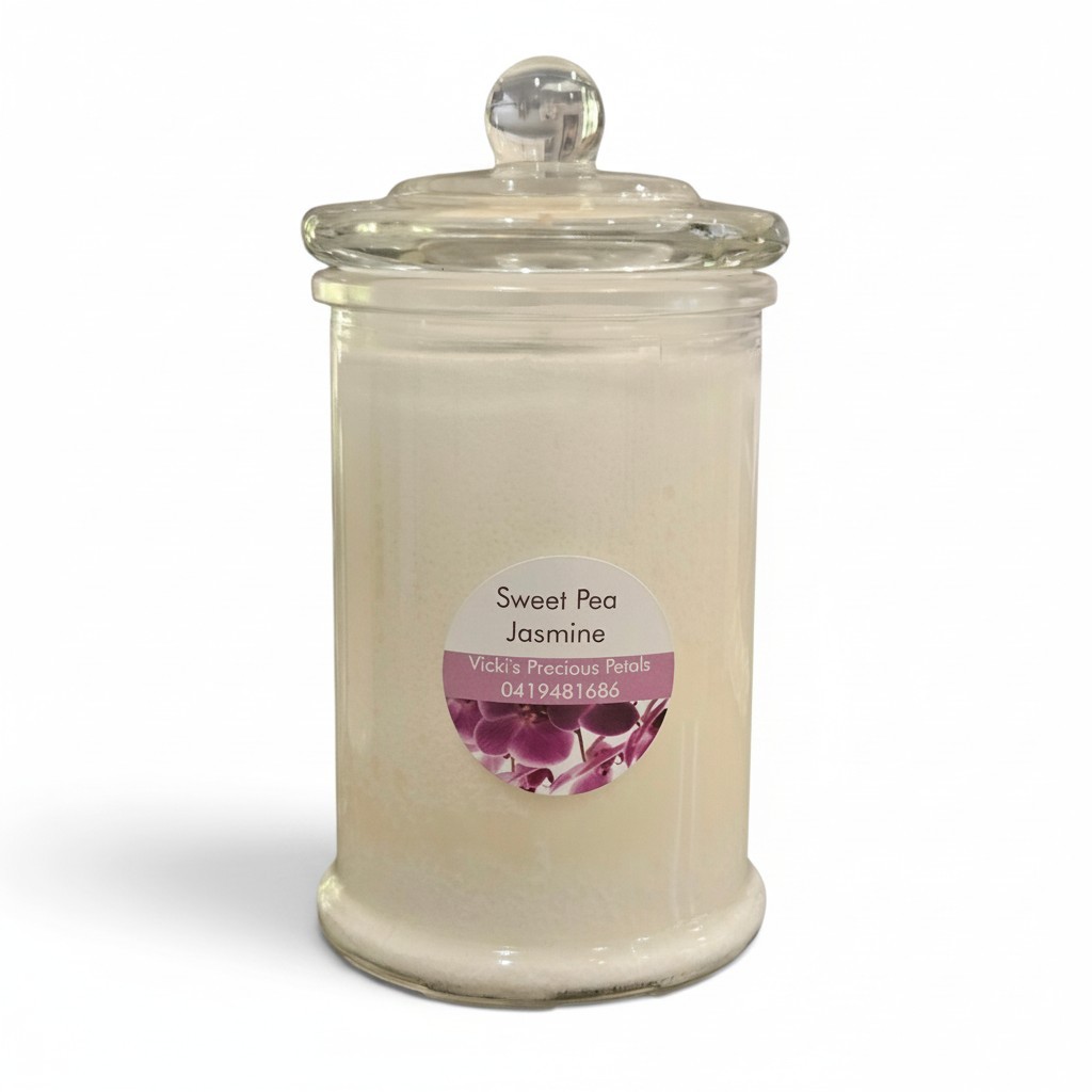 Sweet Pea & Jasmine Soy Candle handcrafted by Vicki's Precious Petals in NSW Australia