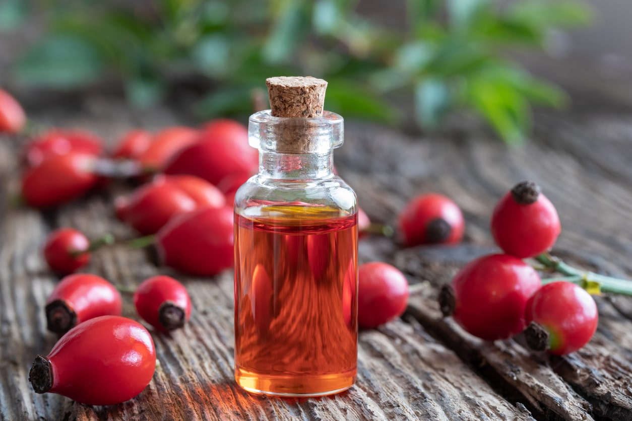 A bottle of rosehip oil